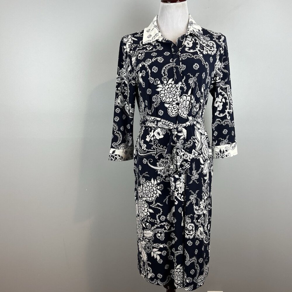 Chico's Navy Print‎ Shirt Dress Size Medium Paisley Floral Collared Belted NWT